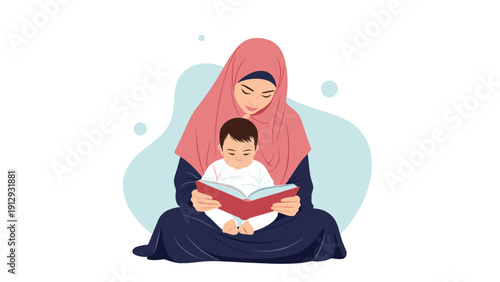 Caring mother wearing a hijab reading a storybook to her young son while sitting on the floor in a quiet and comfortable room.