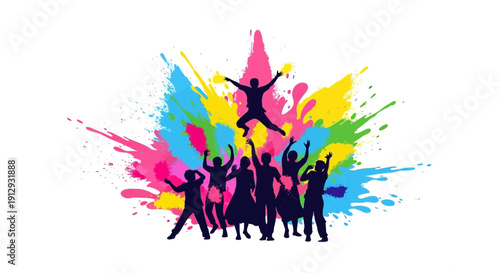 A vibrant illustration of silhouetted people celebrating with colorful paint splatters, symbolizing joy and energy.