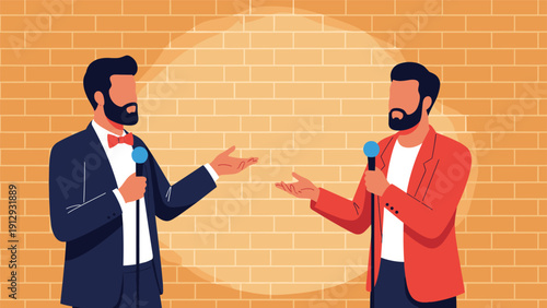 Two male performers standing on stage with microphones engaged in a lively debate or stand-up comedy act under a bright spotlight.