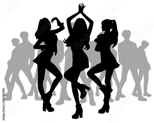 silhouette of female idol group dancing, vector illustration
