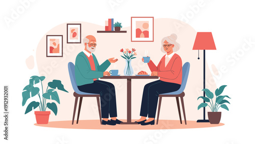 Senior couple having a peaceful breakfast together at a dining table in their cozy and well-decorated home on a sunny morning.