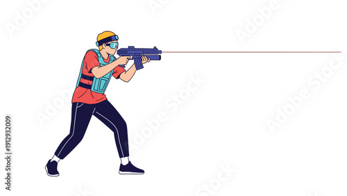 Person wearing tactical gear and protective glasses aiming a blue laser tag gun during a competitive game session with friends.