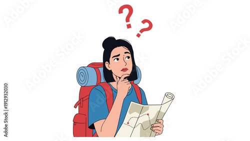 Confused female traveler carrying a large red backpack and holding a paper map while trying to find her way through a new journey.