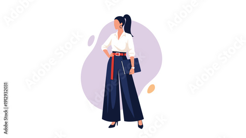 Professional woman standing confidently while holding a document folder against a clean and minimalist purple background for a profile.