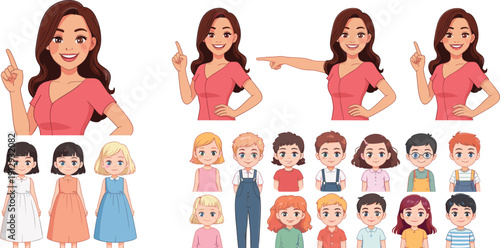 Cartoon teacher and diverse school children character set, smiling female educator with kids illustration collection