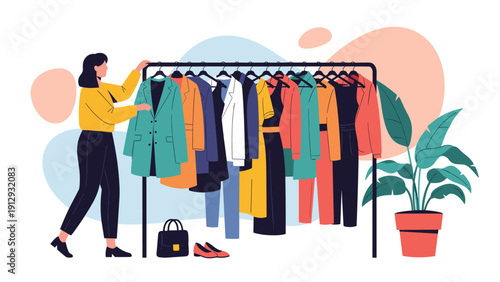 Young woman carefully selecting clothes from a rack in a bright and modern fashion boutique or department store for her wardrobe.