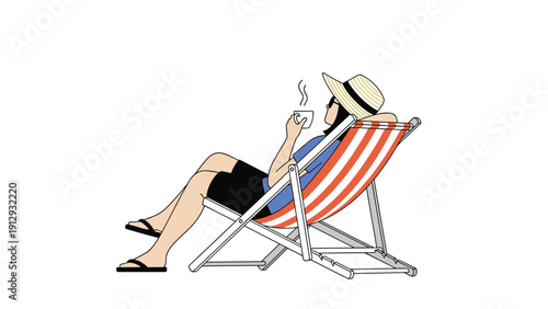 Relaxed woman wearing a straw hat and sunglasses sitting in a striped beach chair and drinking hot coffee on a sunny day.