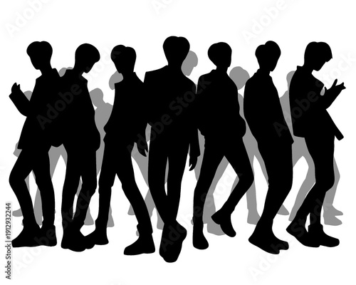 Handsome man silhouette, male idol group standing cool, isolated icon on white background.
