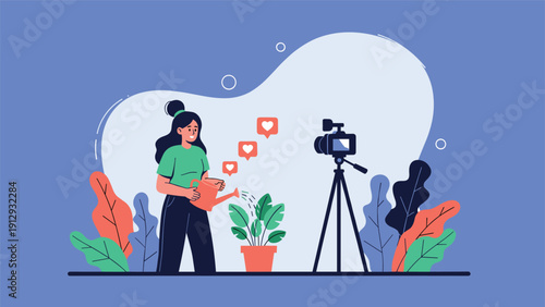 Young woman filming a video about plant care with a professional camera on a tripod for her social media channel or vlog.