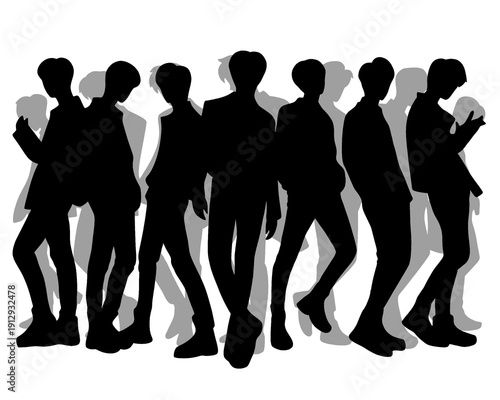 Handsome man silhouette, male idol group standing, isolated icon on white background.
