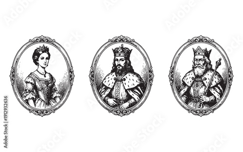 Collection of three vintage royal portraits featuring a queen and two kings in ornate oval frames. Hand-drawn engraving style.