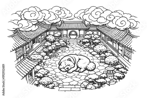 Peaceful Hand Drawn Vector Illustration of a Fluffy Chow Chow Dog Sleeping in a Traditional Stone Courtyard Garden