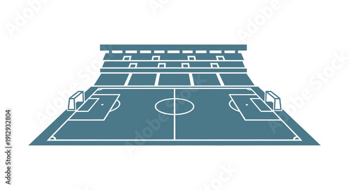 A flat teal colored soccer stadium illustration in a distinct silhouette