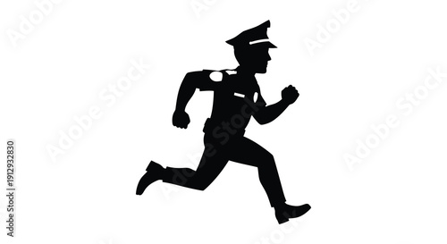 A running police officer depicted in a striking black silhouette