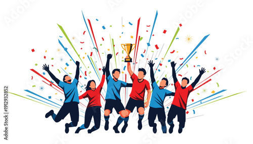 Winning sports team celebrating victory with gold trophy and confetti explosion