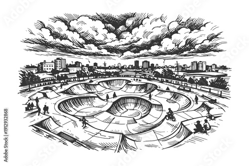 Detailed Hand Drawn Vector Illustration of an Active Urban Skate Park with Ramps and Bowls Under a Cloudy Sky