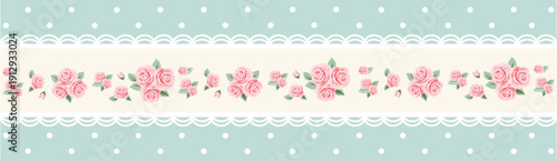 Vintage Floral Border Stripe Pattern with Lace Trim on Mint Background for Romantic Textiles