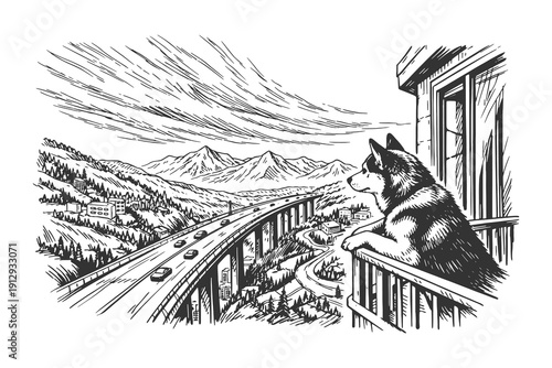 Detailed Hand Drawn Vector Illustration of a Husky Dog Looking Out from a Balcony at a Mountain Highway and Forest Landscape