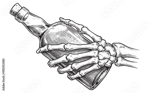 skeleton hand holding a corked glass whiskey bottle Hand-drawn engraving style.