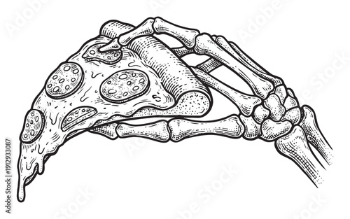 skeleton hand holding a delicious slice of pepperoni pizza. Hand-drawn engraving style.