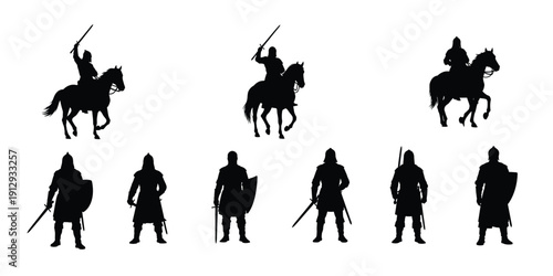 Medieval warriors and horsemen icon. 