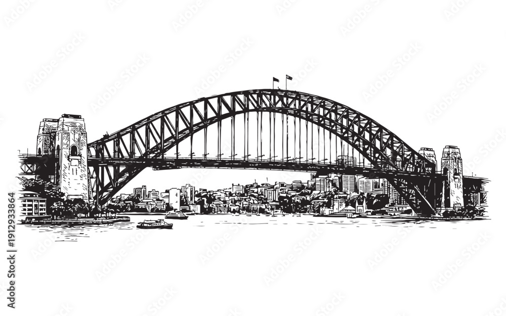 Fototapeta premium Sydney Harbour Bridge spanning the water with the city skyline in the background. Hand-drawn engraving style.