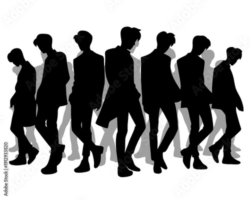 silhouette of handsome male idol group standing, charming pose, vector illustration
