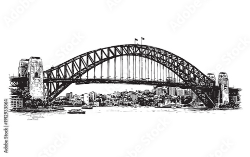 Sydney Harbour Bridge spanning the water with the city skyline in the background. Hand-drawn engraving style.