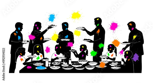 Black silhouettes of people celebrating with colorful paint splatters around a festive table laden with food.