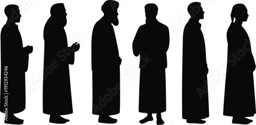 Arab men traditional clothing silhouette collection isolated on white background, cultural standing people vector set for religion lifestyle design illustration bundle
