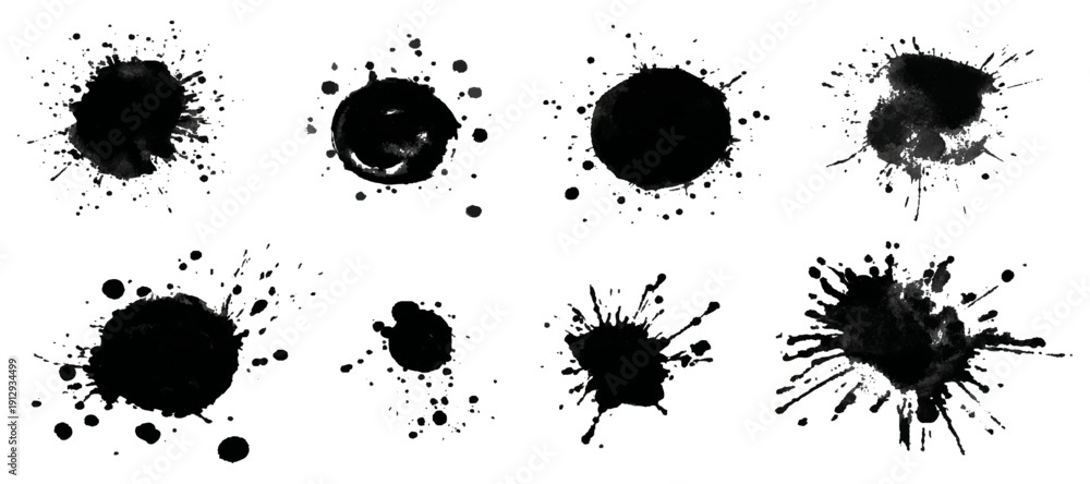 Fototapeta premium Abstract black grunge brush stroke set with ink paint splatter texture. vintage rough dirty old artistic background design.