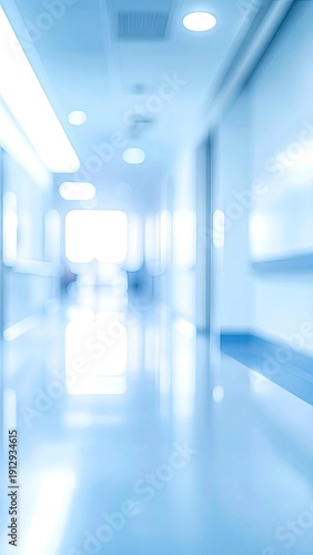Abstract blurred blue and white hospital or office corridor with bright lights