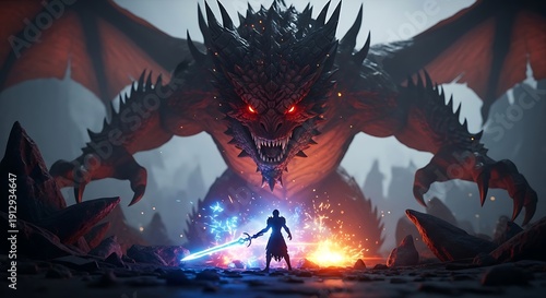 Epic fantasy battle scene with brave warrior facing giant dragon in dark mystical landscape with fiery sparks
