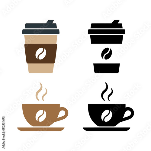 Set of coffee cups and coffee beans on white background