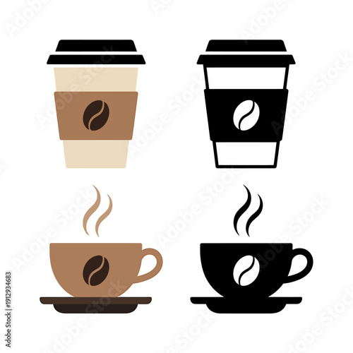 Coffee cups and to go coffee cups with coffee beans on white background