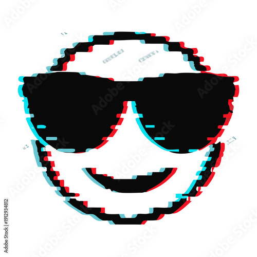 Black Silhouette Cool Sunglasses Emoji Mask Portrait with glitch effect on Dark Background