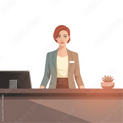 Flat vector illustration of a receptionist standing at front desk in office interior. Stylized character representing customer service, hotel, and business reception.