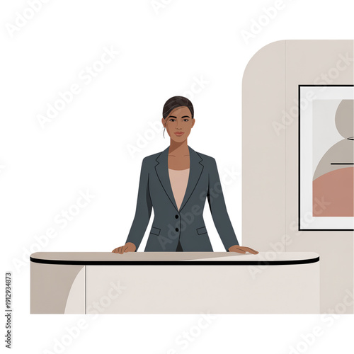 Flat vector illustration of a receptionist standing at front desk in office interior. Stylized character representing customer service, hotel, and business reception.