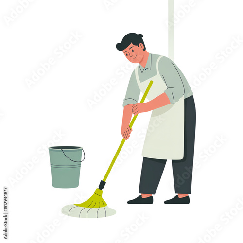 Flat vector illustration of a male cleaner mopping the floor with bucket and mop. Stylized character representing cleaning service, housekeeping, and professional cleaning work.