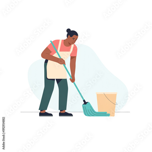 Flat vector illustration of a male cleaner mopping the floor with bucket and mop. Stylized character representing cleaning service, housekeeping, and professional cleaning work.