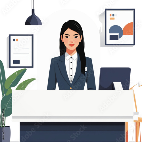 Flat vector illustration of a receptionist standing at front desk in office interior. Stylized character representing customer service, hotel, and business reception.