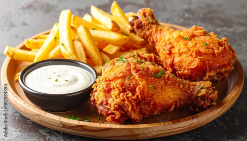   
Crispy fried chicken drumsticks with golden fries and dipping sauce