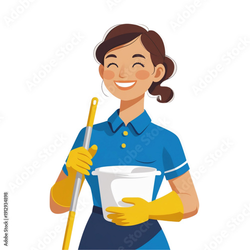 Flat vector illustration of a female cleaner holding a mop and bucket. Stylized character representing cleaning service, housekeeping, and professional cleaning.