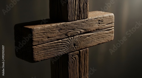 Close up view of weathered wooden beams joined together with copy space