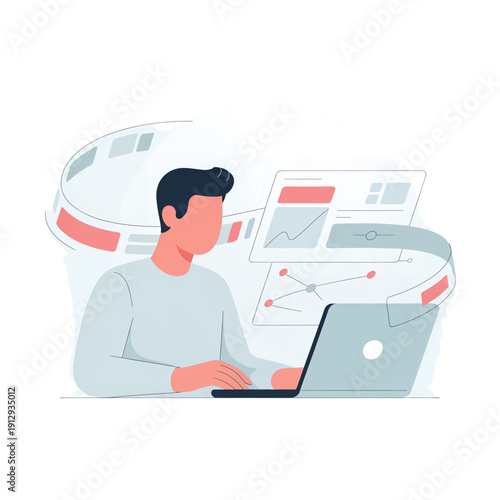 Flat vector illustration of a data analyst working on a laptop with digital dashboard and charts. Faceless character representing data analysis, analytics, and AI technology.