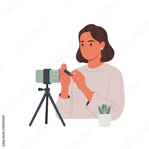 Flat vector illustration of a video blogger recording content with smartphone on tripod. Stylized character representing vlogging, social media, and digital content creation.