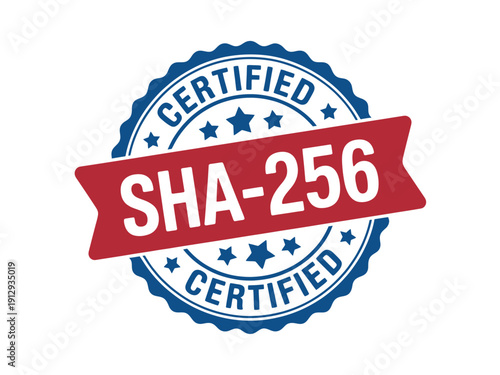 Certified SHA256 security seal with stars and red banner on white background