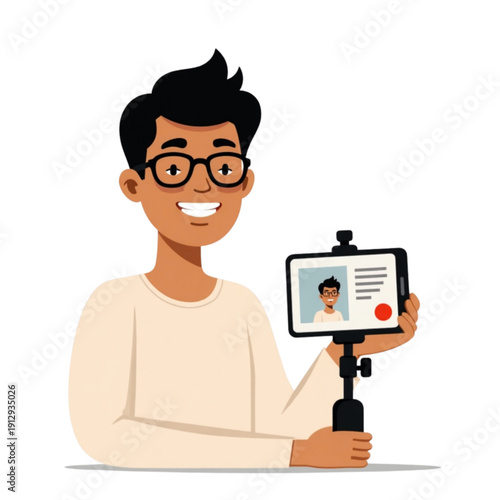 Flat vector illustration of a video blogger recording content with smartphone on tripod. Stylized character representing vlogging, social media, and digital content creation.