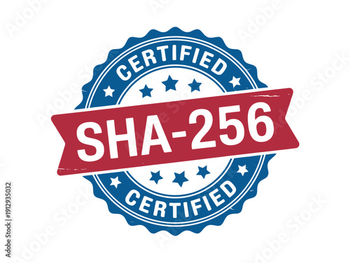 Certified SHA256 security seal with blue and red stamp on white