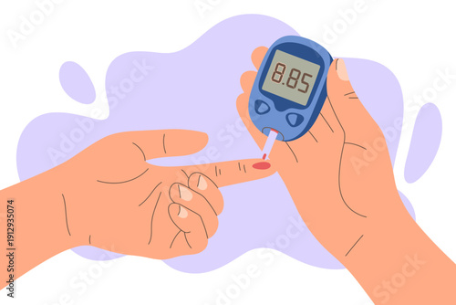 Hands holding glucometer with blood glucose test result on screen